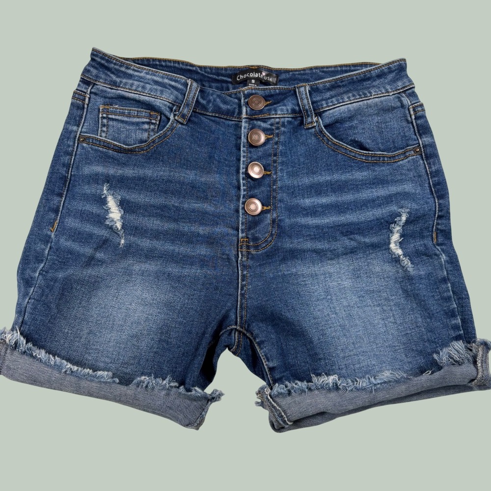 chocolate usa dark blue wash distressed ripped denim shorts high rise stretchy